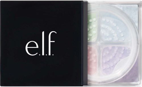 A black box with white text e.l.f and a clear container with colorful beads inside.