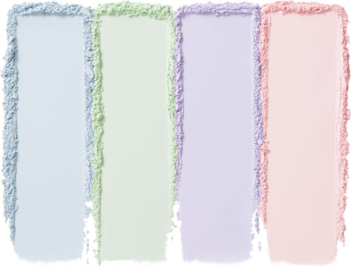 Four vertical columns with pastel colors: blue, green, purple, and red. Each has a fuzzy border and faint patterns inside.