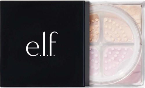 A black box labeled e.l.f. containing colorful makeup sponges in a round container.