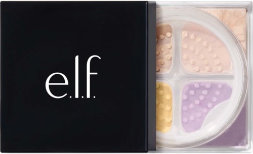 A makeup palette with four sections in pastel colors, with a black and white compact case.
