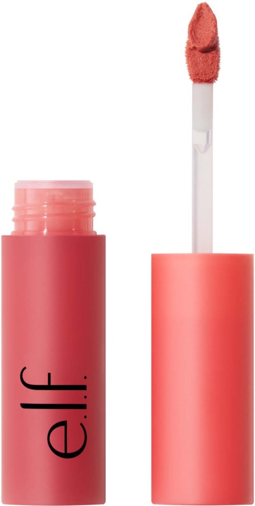 En rosa läppglansrör med en applikator och ett rosa läppstift inuti. Väskan är dragen ur och visar läppstiftet.