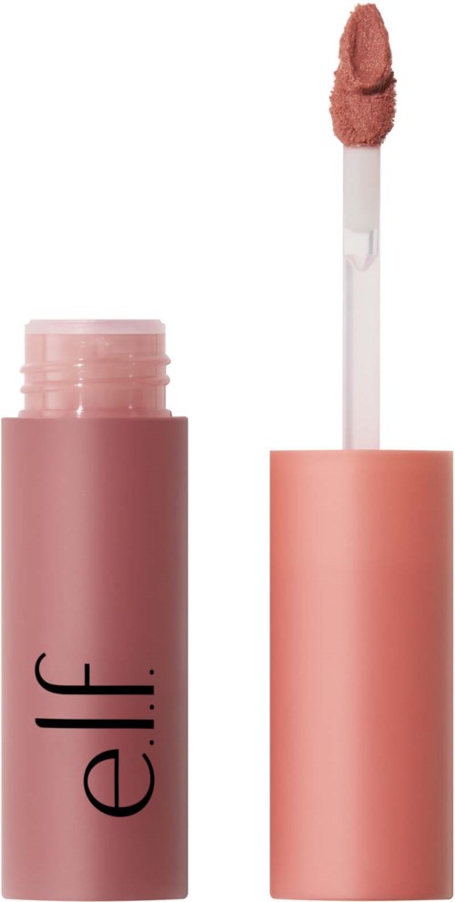 En rosa liquidläppstift rör med avskalat lock och applikator mellan.