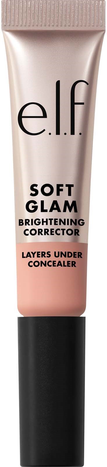 A tube of e.l.f. Soft Glam Brightening Corrector for concealing and brightening skin. Black cap, pinkish tube label.