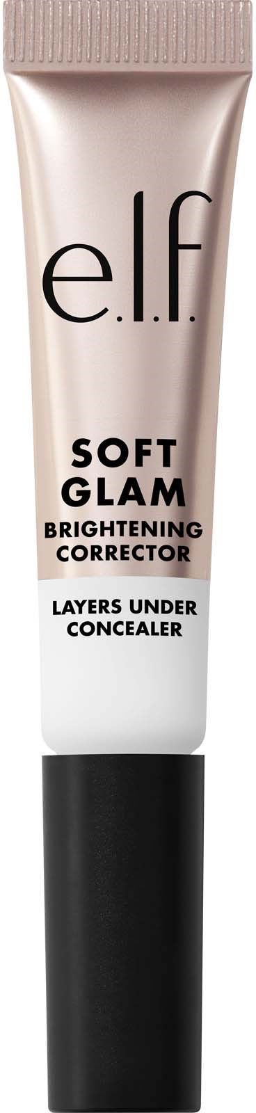 A tube with e.l.f. brand name, labeled as Soft Glam Brightening Corrector, with black cap, beige and white packaging.
