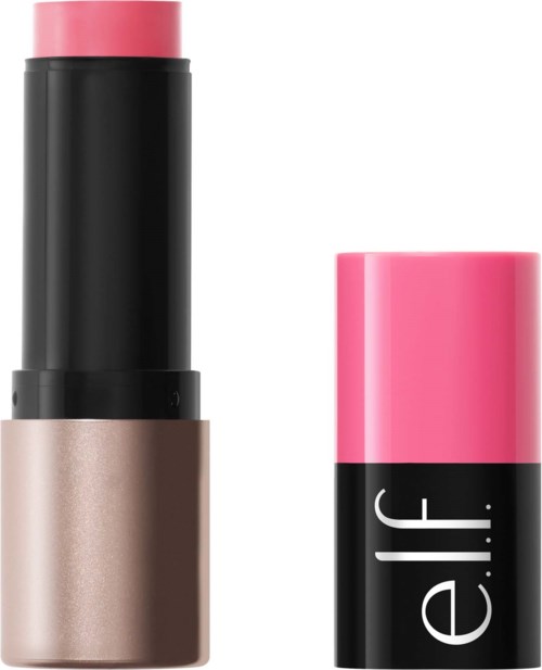 Ett svart och rosa läppstift med märket e.l.f. på tuben, visat med korken avlägsnad.