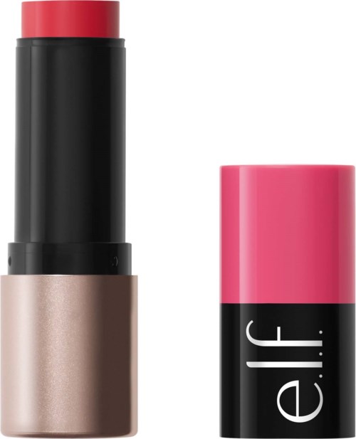 Ett läppstift med rosa lock och svart och beige kropp.