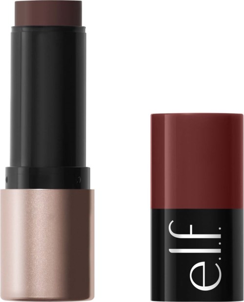 A lipstick tube with a black cap and a beige metallic body, next to a red lipstick case with white text.