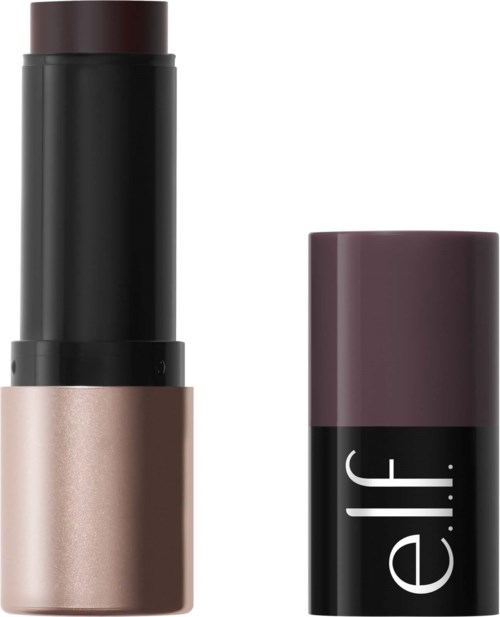 A lipstick with a black and metallic pink body and a cap showing the e.l.f. logo.