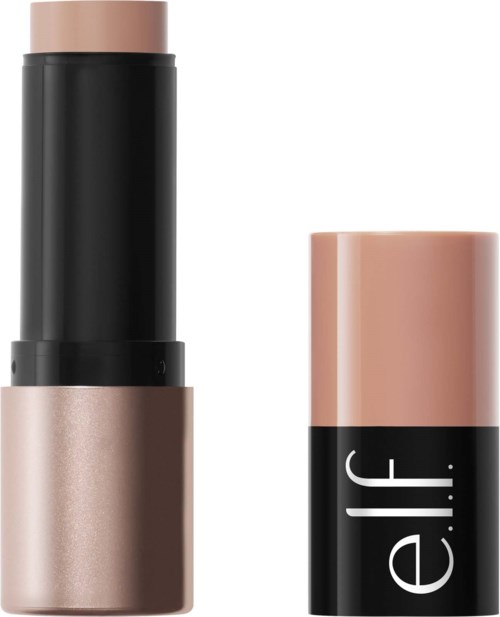 A lipstick with a black and metallic rose gold case, showing the brand name e.l.f. on the cap.