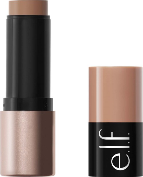 A makeup stick with a black top and a light beige base, next to a matching beige and black container with 'e.l.f.' written.