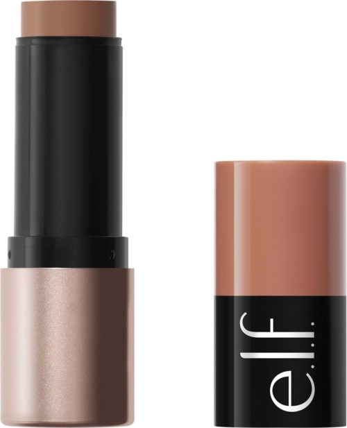 A lipstick with a black and beige container, partially open showing the beige lipstick inside.