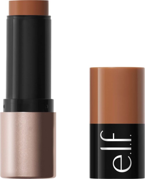 A stick of makeup with a brown top and black middle, and a black cap with white letters.
