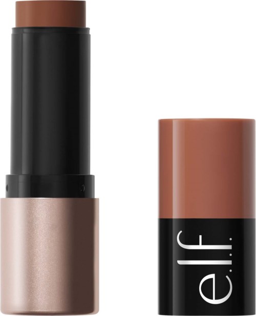 A makeup stick with black and beige colors, partially opened showing the product inside.