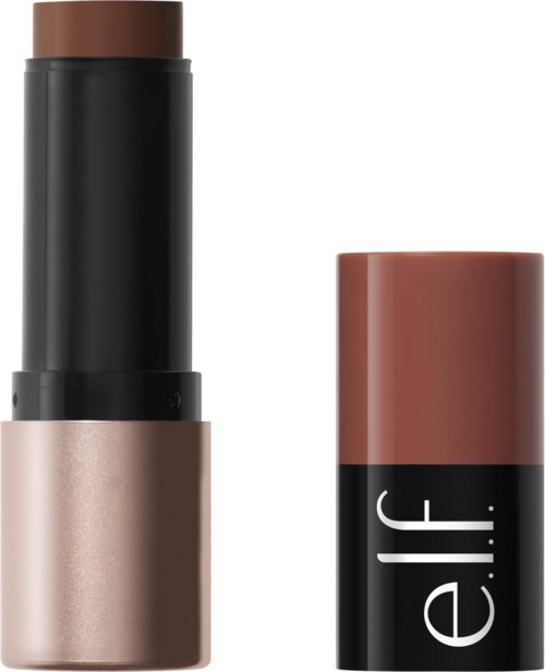 A lipstick with a black and beige case and a brown lipstick inside.
