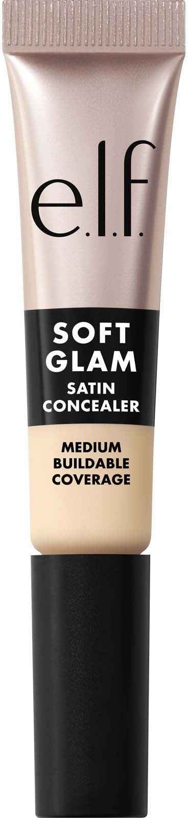 e.l.f. Soft Glam Satin Peitevoide, keskikestävyys. Putki on beigenvärinen, siinä on musta ja valkoinen teksti.