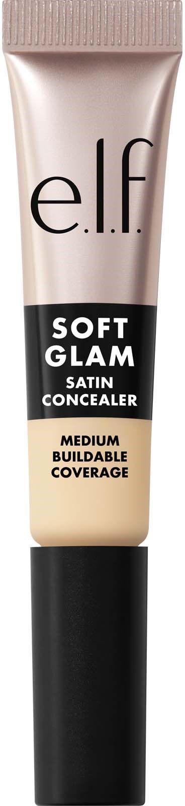 e.l.f. Soft Glam Satin peitevoide, keskikestävä peittävyys, hopeanvaalea ja musta pakkaus tekstillä.