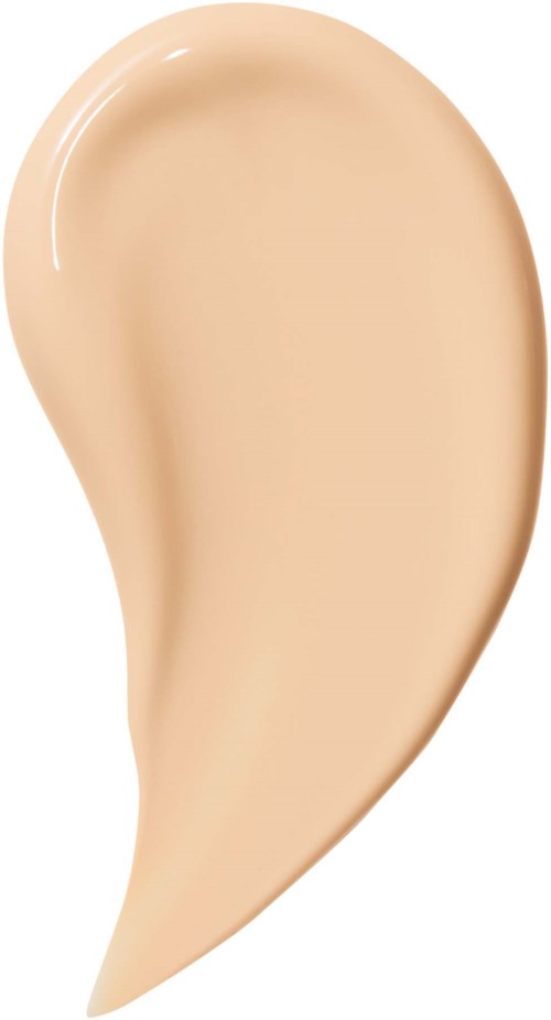 Beige nestettä levitetään valkoiselle taustalle, muodoltaan kaareva pisara tai kierto.
