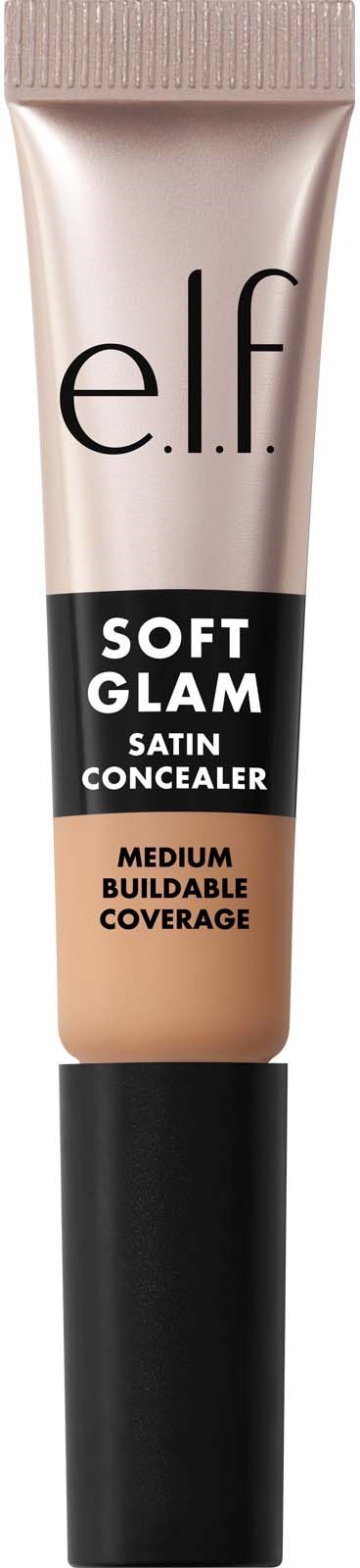 Beige putkilasi mustalla korkilla, merkintä elf Soft Glam Satin Concealer, keskivahva peittävyys.