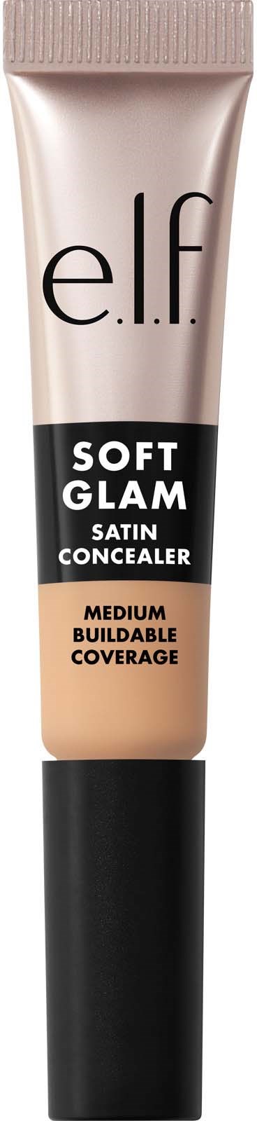elf Soft Glam Satin Concealer -kapseli, keskivoimakkaasti rakennettava peite. Musta, vaaleanpunainen ja beige värit. Teksti putkessa.