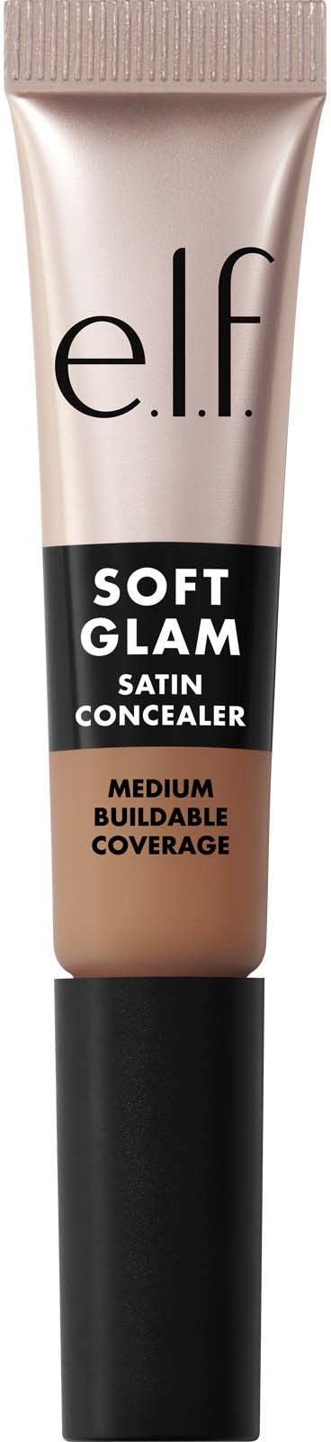 Beige putki elf Soft Glam Satin Concealer, musta ja rusKEA tekstiä, musta korkki, ja väitteet keskitason peittävyydestä.