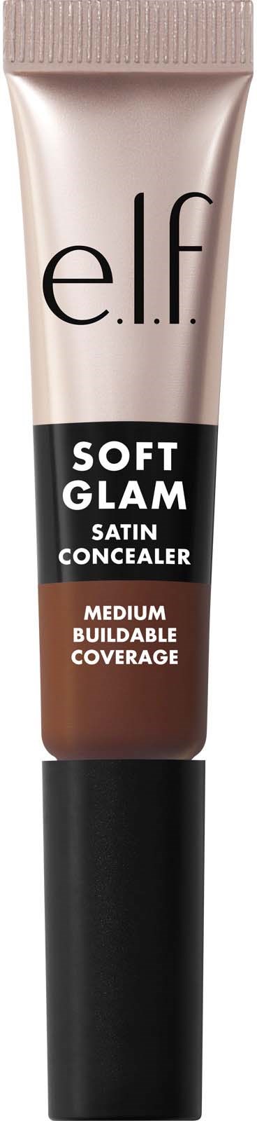 Elf Soft Glam Satin Concealer -putkilo, keskinkertainen peittävyys. Putkilo on musta korkki ja beigen värinen.