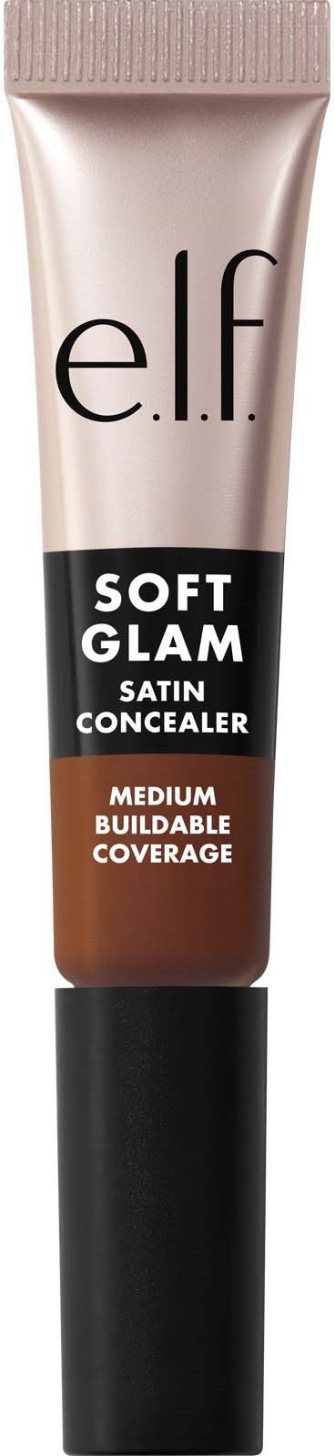 e.l.f. Soft Glam Satin Concealer -putkil ja ruskea teksti. Keskipitkä peittävyys. Rakennettava.