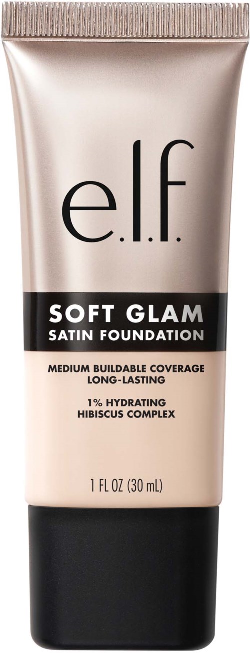 e.l.f. Soft Glam Satin Foundation -putki, jossa on musta ja beige pakkaus, kuvaa peittävyyttä ja kosteutusta.