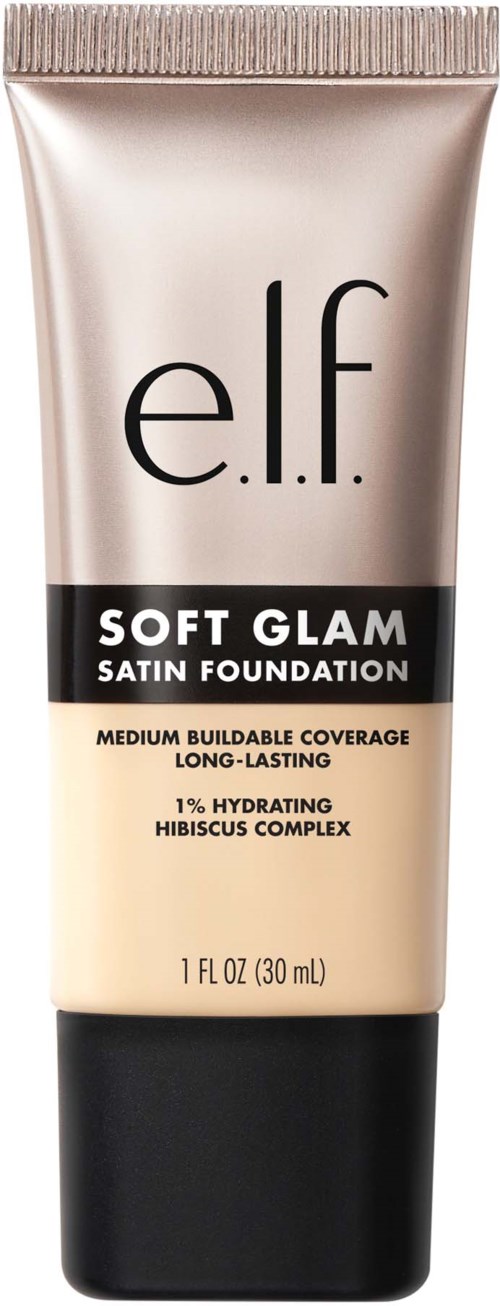 E.l.f. Soft Glam Satin Foundation -putkilasi, beige väri, mustavalkoisella tekstillä, pitkäkestoinen keskitäyttö.