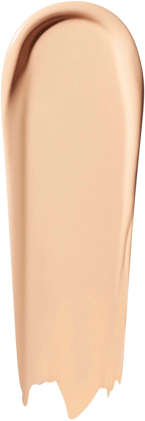 Beige nestemäinen meikkivoide valkoisella taustalla, tasainen ja hieman epätasainen reuna.