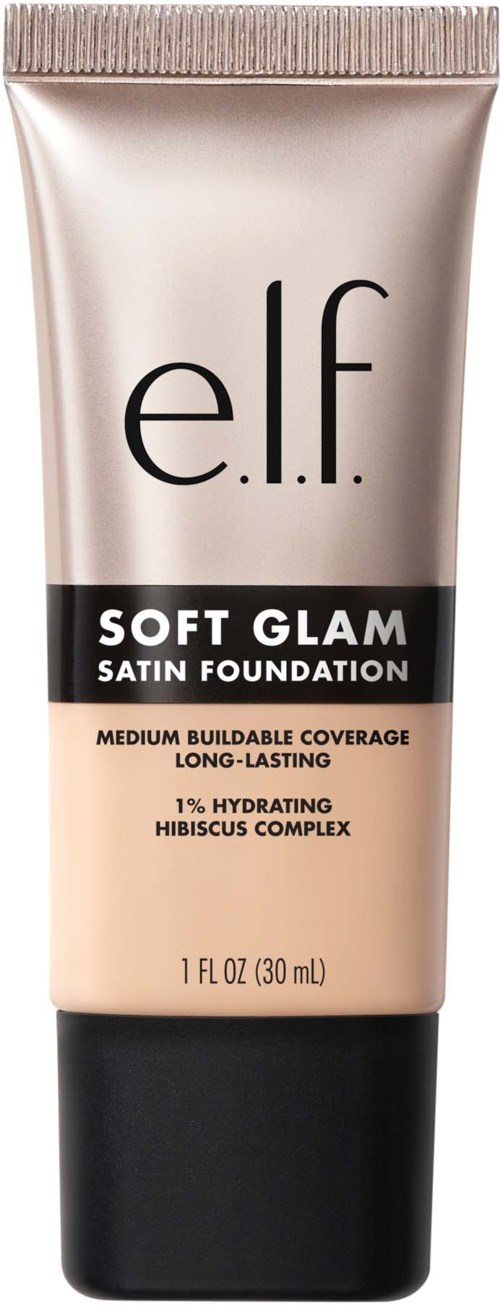 Beige ja musta putki e.l.f.:n Soft Glam Satin Foundation, jossa on tekstiä peittävyydestä ja ainesosista.