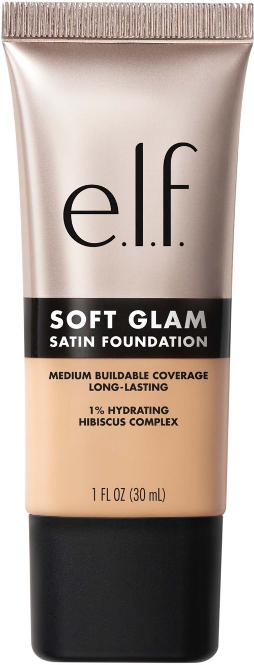 putki e.l.f. Soft Glam Satin Foundation, keskinkertainen peittävyys, pitkäkestoinen, kosteuttava hibiskuskompleksi.