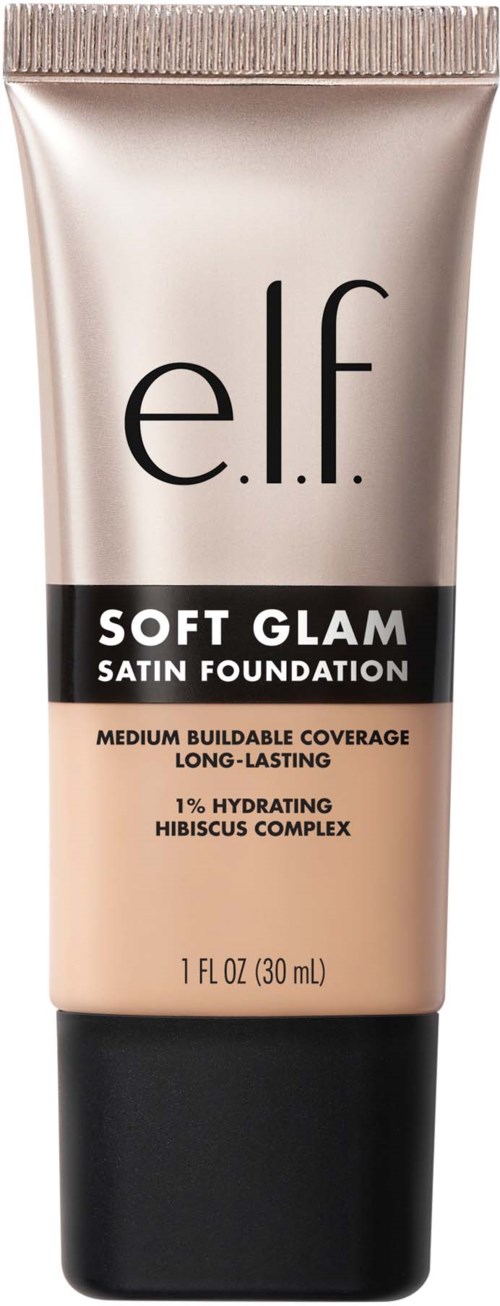 putkilasi e.l.f. Soft Glam Satin Foundation, jossa on musta ja beige väri ja tuote tiedot edessä.