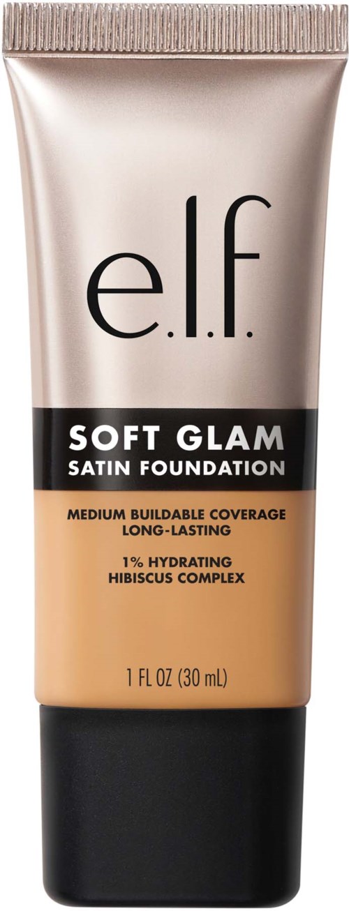 e.l.f. Soft Glam Satin Foundation putkilossa black, beige ja hopea-Design, jossa on tuotetiedot ja brändin nimi.