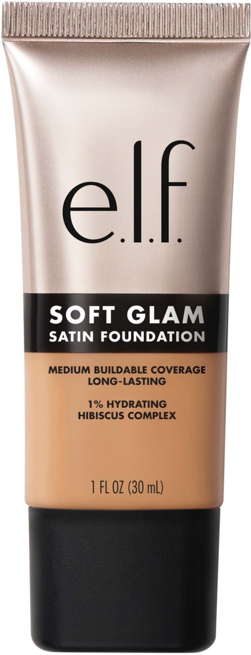putki e.l.f. Soft Glam Satin Foundation, keskivedolla peittävyys ja kosteuttava hibiskuscomplex.