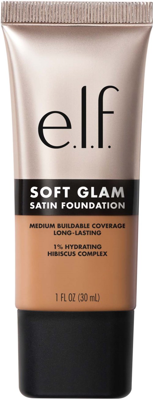 Satiinimeikkivoideputeli, jossa on musta, beige ja kiiltävä vaaleanpunainen design, merkkinen 'e.l.f. Soft Glam.'