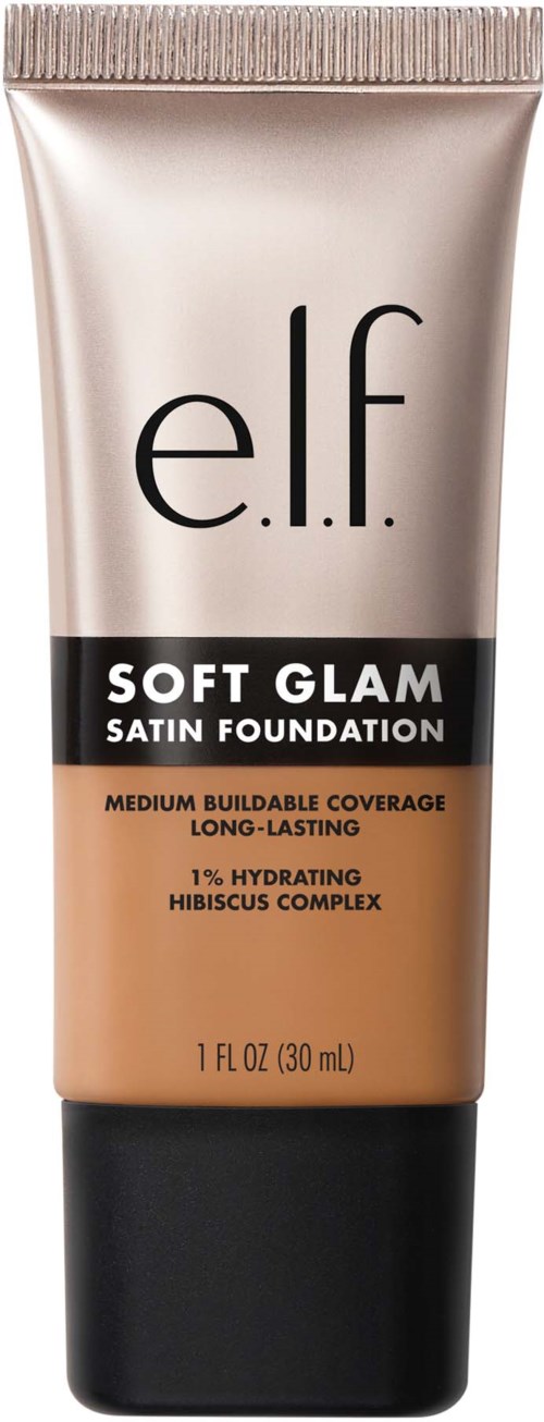 e.l.f. Soft Glam satiinipohja, keskikestävyys, pitkäkestoisuus ja kosteuttava hibiskuskompleksi.