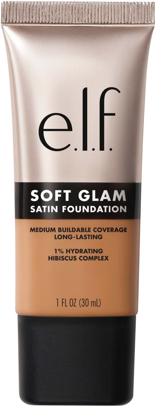 e.l.f. Soft Glam Satin Foundation -tuubi beige- ja persikanvärisin, sisältäen tuotekohdat.