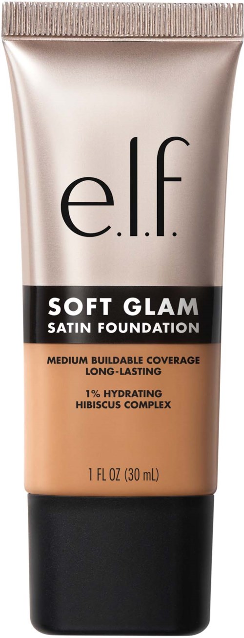 ELF Soft Glam Satin Foundation -putki, keskinkertainen peittävyys, pitkäkestoinen ja kosteuttava. Sisältää hibiskuskompleksin.