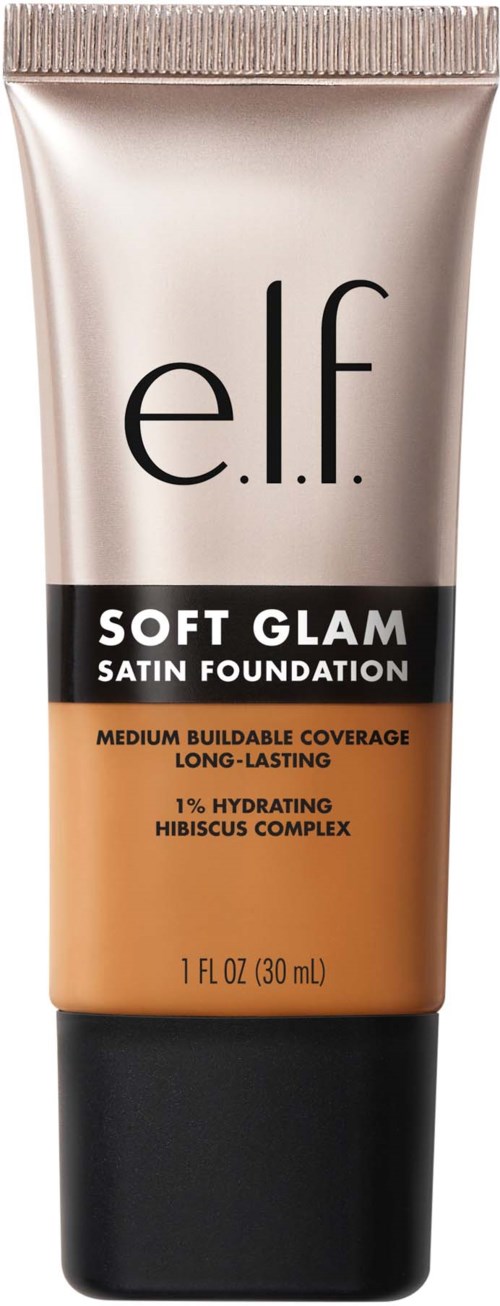 Beige ja musta putki, jossa teksti e.l.f. Soft Glam Satin Foundation, 30 ml, ja tietoja peittokyvystä ja kosteutuksesta.