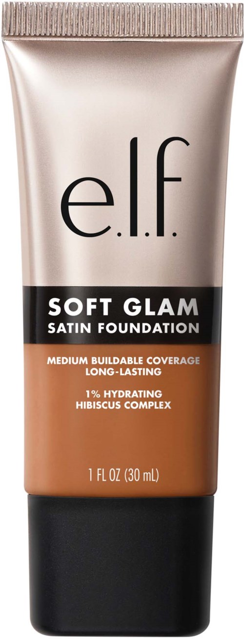 e.l.f. Soft Glam Satin Foundationputki ruskealla ja hopeanhohtoisella värillä. Tarjoaa pitkäkestoista ja keskitason peittoa.