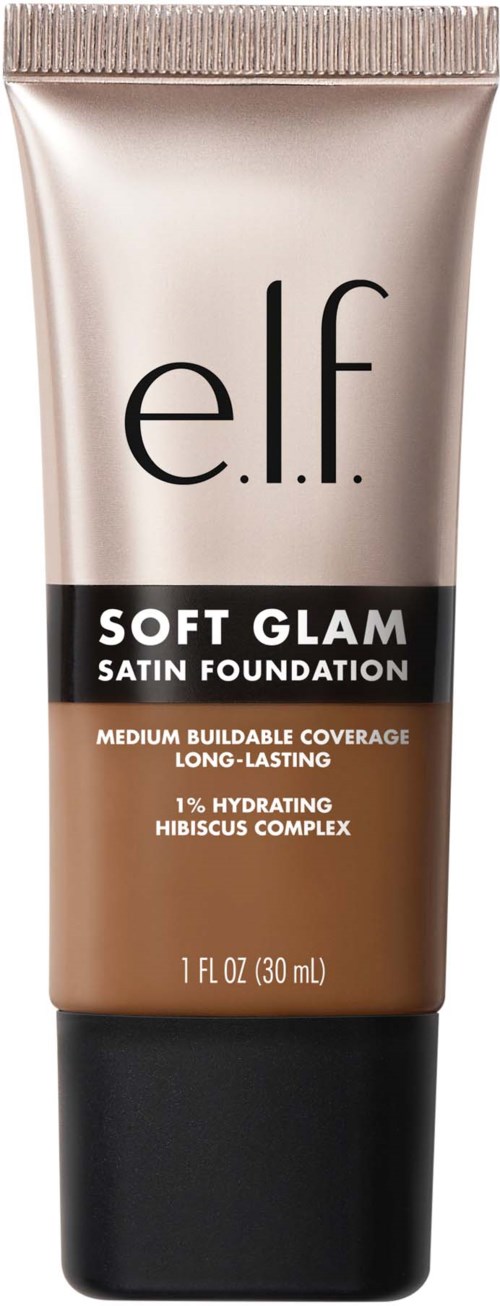 e.l.f. Soft Glam Satin Foundation -putki, kuvaus peittävyydestä, kosteutuksesta ja hibiskus-ainesosista.