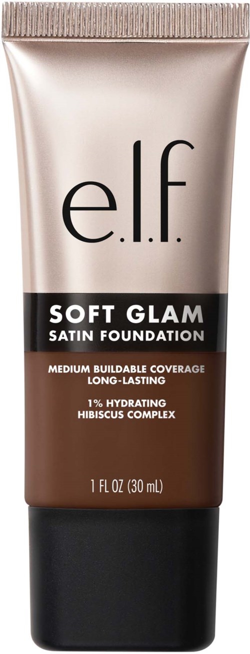 rulla e.l.f. Soft Glam Satin Foundation, keskinkertaisella peittävyyteellä ja kosteuttavalla ominaisuudella, vaalean ja ruskean sävyissä.