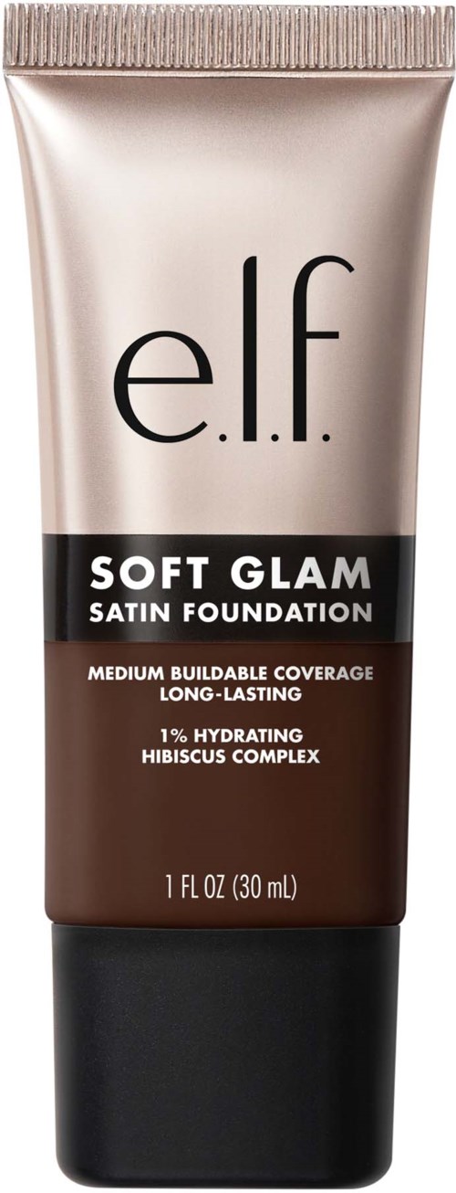e.l.f. Soft Glam Satin Foundation -putkilä, keskinkertainen peitekyky, pitkäkestoinen, kosteuttava hibiskuskukkurilla.
