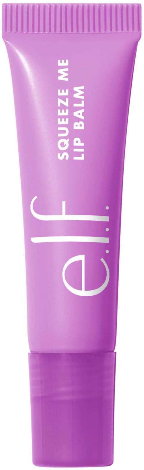 Violettinen huulirasvatube, jossa on valkoinen teksti "e.l.f. Squeeze Me Lip Balm".
