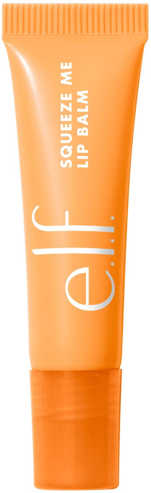 Oranssi huulirasvaputki, jossa on valkoinen teksti 'e.l.f. Squeeze Me Lip Balm'.