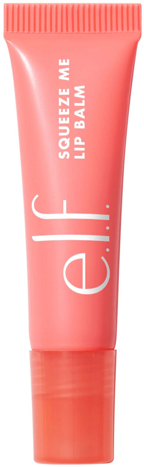 Vaaleanpunainen puteli, jossa lukee 'e.l.f. Squeeze Me Lip Balm', seisoo pystyssä, ja yläosassa on rihallinen korkki.