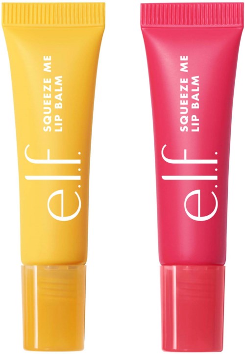 Kaksi huulikermätölää, yksi keltainen ja yksi pinkki, joissa lukee 'Squeeze Me Lip Balm' ja 'e.l.f.' kumpaakin.