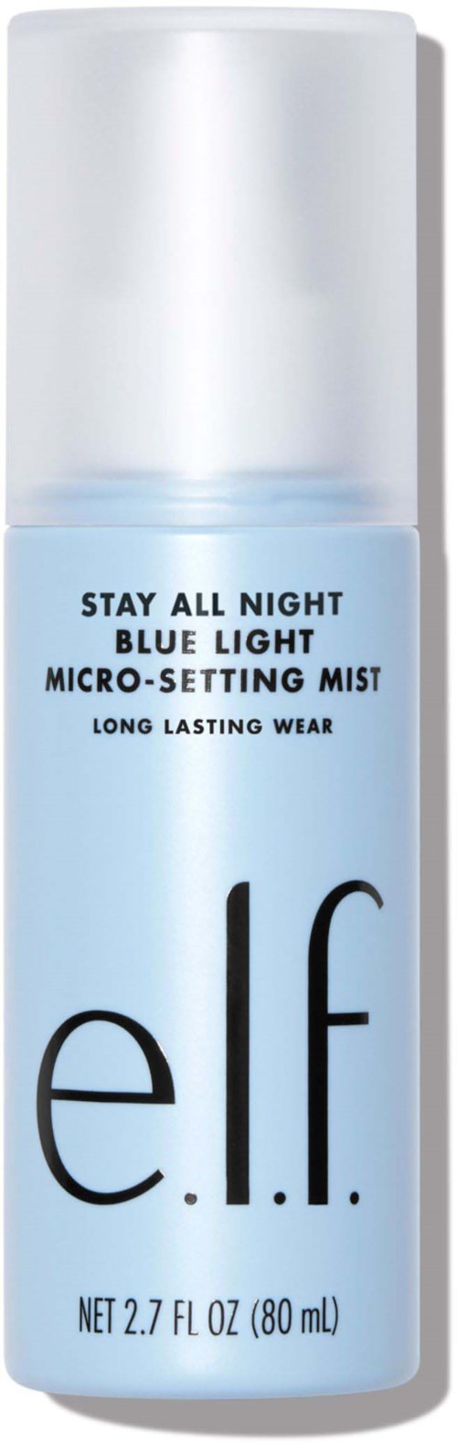 En fuktsprayflaske merket 'Stay All Night Blue Light Micro-Setting Mist' av e.l.f. som beskytter huden og varer lenge.