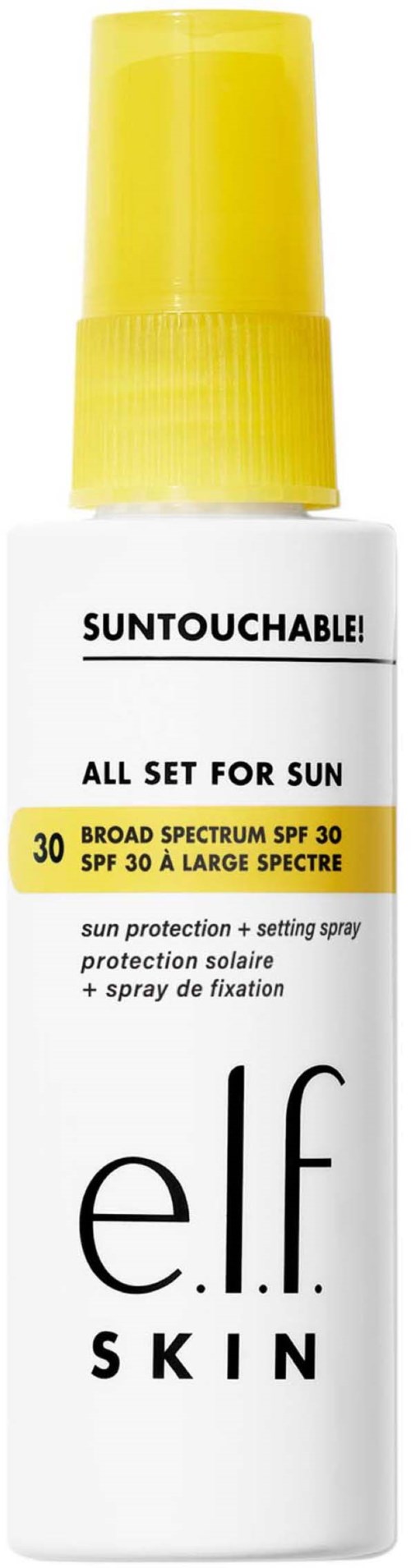 En vit sprayflaska med gul topp, märkt med SPF 30 solskydd för hudskydd.