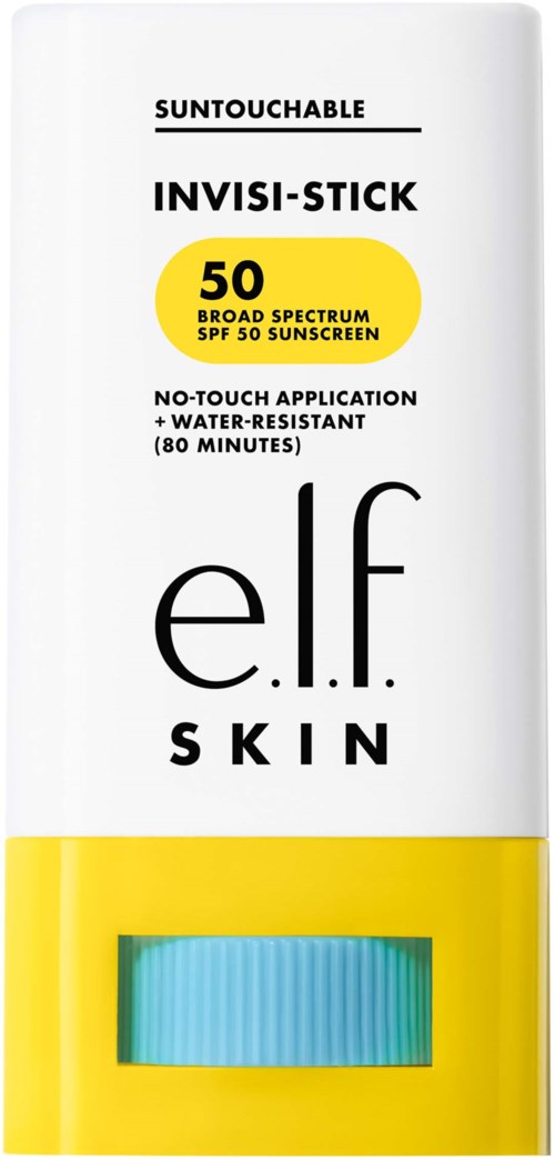 En vit tub med gul band nedtill visar elf skin solkrämstift med SPF 50. Det är vattentåligt och håller i 80 minuter.